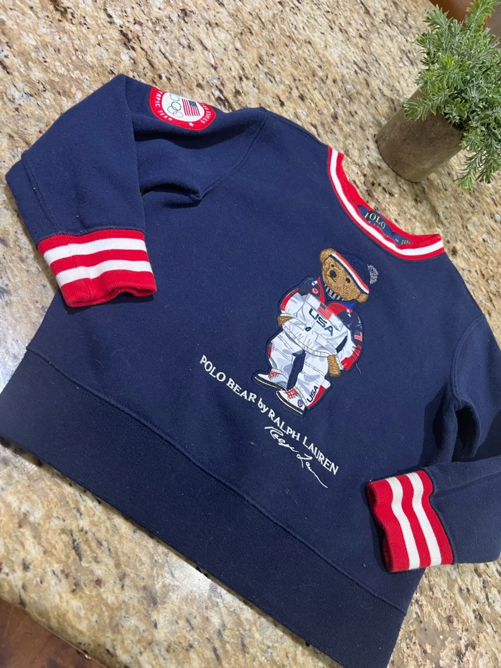 Ralph Lauren Navy Sweatshirt with Olympic USA Polo Bear and Red-Trim 3/3T